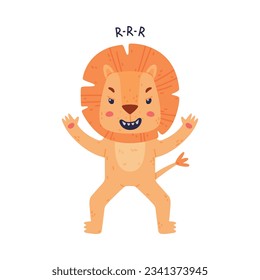 Funny Lion Character with Mane Standing and Roaring Vector Illustration