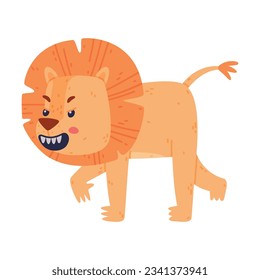 Funny Lion Character with Mane Walking and Roaring Vector Illustration