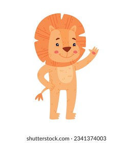 Funny Lion Character with Mane Waving Paw and Smiling Vector Illustration