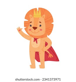 Funny Lion Character with Mane Wearing Mantle and Golden Crown Vector Illustration