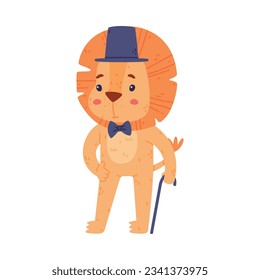 Funny Lion Character with Mane Wearing Top Hat and Bow Tie Standing with Cane Vector Illustration