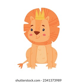 Funny Lion Character with Mane Wearing Golden Crown on Head Vector Illustration