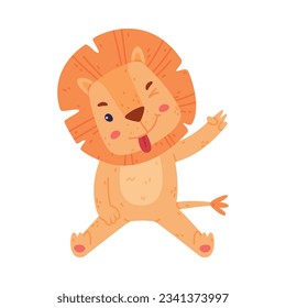 Funny Lion Character with Mane Winking and Sticking Out Tongue Vector Illustration