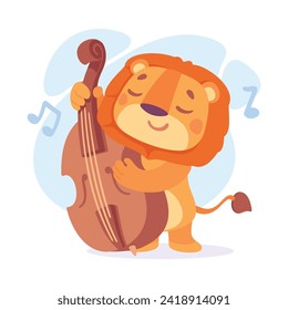 Funny Lion Character Playing Cello Music Instrument Vector Illustration