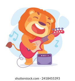 Personaje De León Divertido Jugando Vector De Guitarra Eléctrica Ilustración