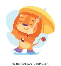 Funny Lion Character Walk with Umbrella in Rain Vector Illustration