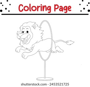 divertida página de libro para colorear de circo de león saltando anillo de fuego para niños.