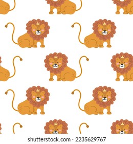Funny lion with crown. Vector seamless pattern on white background.
