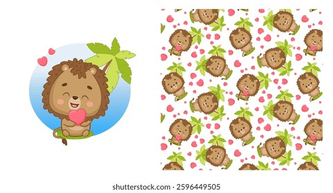 Funny lion cub sitting and hugging pink heart. This adorable vector design is a seamless pattern perfect for fabric, linens, wrapping paper and t-shirt prints, invitations.