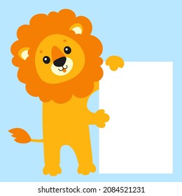 Funny lion. Cute cartoon character holding white blank poster. With place for text. Colored vector illustration.