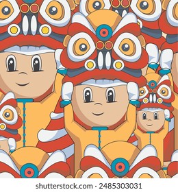funny lion dance characters (barongsai).  Capturing the joy of celebration, happiness and rich cultural traditions of China.  vector illustration. Seamless Pattern