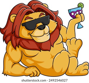Funny lion drinks a fruit juice with sunglasses of illustration