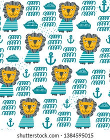 Funny lion endless surface pattern for kids and babies. Vector seamless illustration best for print on fabric, wrapping paper or wallpaper in children room.