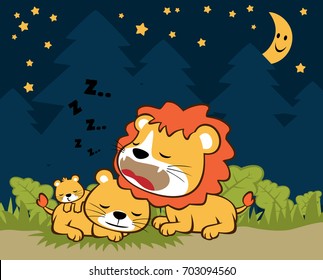 Funny lion family sleeping in the night, vector cartoon illustration