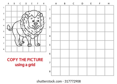 funny lion game. Vector illustration of grid copy puzzle with happy cartoon lion for children
