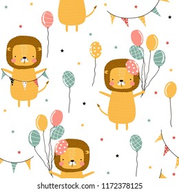 Funny lion with garland and balloons seamless pattern. Kids holiday background. Vector hand drawn illustration.