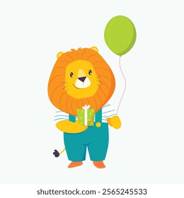 Funny lion with gift and balloons, perfect for birthday invitation design and festive celebrations.