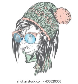 Funny lion in a hat, sunglasses and a scarf. Vector illustration for greeting card, poster, or print on clothes.
