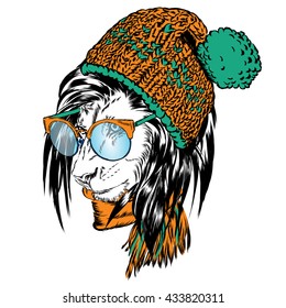 Funny lion in a hat, sunglasses and a scarf. Vector illustration for greeting card, poster, or print on clothes.