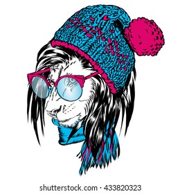Funny lion in a hat, sunglasses and a scarf. Vector illustration for greeting card, poster, or print on clothes. 