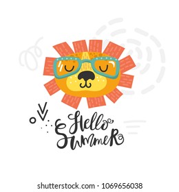 Funny lion head wears sunglasses in a flat style and handwritten phrase - hello summer. Vector illustration.