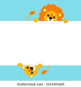 Funny lion and lioness. Cute cartoon character holding white blank poster. With place for text. Colored vector illustration.