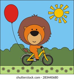 Funny lion on bike with red balloon.