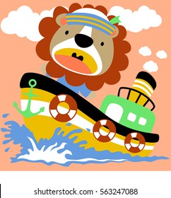 Funny lion on boat, vector cartoon illustration