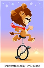 Funny lion on an unicycle. Vector cartoon illustration