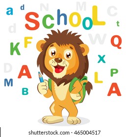 Funny Lion On A White Background. Cartoon Vector Illustrations. Back to School Theme. Colored Letters Vector. Cartoon Lion Mascot.