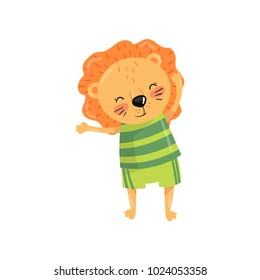 Funny lion with orange mane dressed in sportswear green striped t-shirt and shorts. Cartoon wild animal character doing morning exercises. Colorful flat vector design