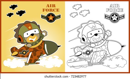 funny lion pilot on jet plane, vector cartoon illustration, coloring book or page