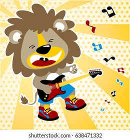 Funny lion playing electric guitar, rocker performance, vector cartoon illustration
