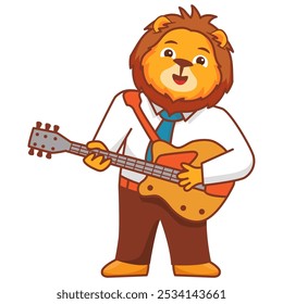 Engraçado leão tocando guitarra.Cute rockstar .Animal desenhos animados characters.Vetor ilustração. O músico toca violão. Músico com violão.