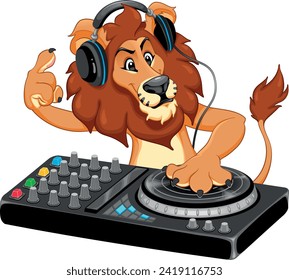 Funny lion playing music with a DJ console and headphones. Vector cartoon isolated character with transparent background.
