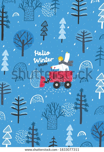 Funny lion\
rides through the forest on a bulldozer. Winter forest landscape.\
Snow removal. Winter\
postcard.