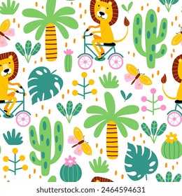 León divertido montando una bicicleta y plantas tropicales sobre un fondo blanco. Patrón sin costuras de Vector para niños. Estampado ideal para tejidos, textiles y envolturas de regalo