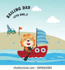 Funny lion sailor cartoon vector on little boat with cartoon style. Creative vector childish background for fabric, textile, nursery wallpaper, poster, card, brochure. and other decoration.