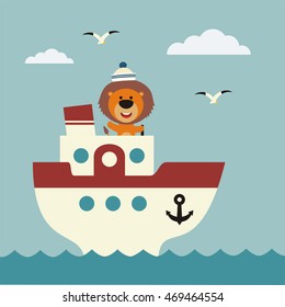 Funny lion sailor on bridge of ship. Icon sea travel.