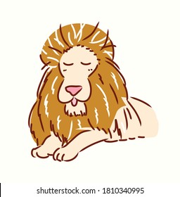 Un león gracioso muestra su lengua mientras dormía en ilustración, arte vectorial, estilo de caricatura