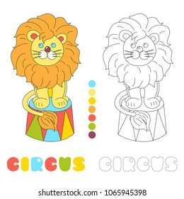 Funny lion sitting in a circus arena vector character children coloring book page