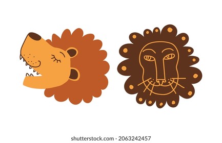 Funny Lion Snout as African Animal with Mane Doodle Vector Set