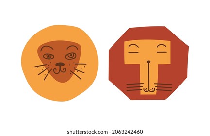 Funny Lion Snout as African Animal with Mane Doodle Vector Set