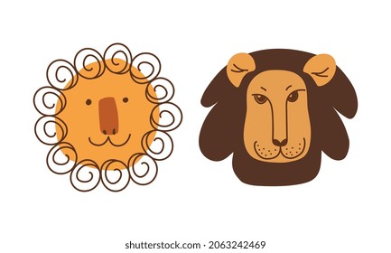 Funny Lion Snout as African Animal with Mane Doodle Vector Set