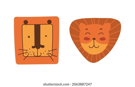 Funny Lion Snout as African Animal with Mane Doodle Vector Set