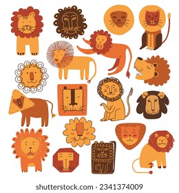 Funny Lion and Snout as African Animal with Mane Doodle Big Vector Set