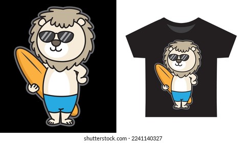 Funny lion standing with surfboard cartoon illustration for kids t shirt design