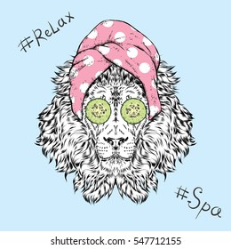 Funny lion in towel with cucumbers on her eyes. Vector illustration.