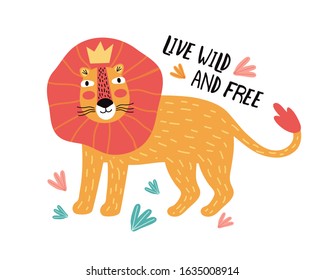 Funny lion in tropical leaves. Flat vector illustration. Wild exotic animals. Cute animal cartoon character idea for child printable stuff and t shirt, greeting card, nursery wall art, sticker.