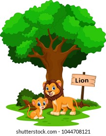 Funny lion under a shady tree with a sign the identity 